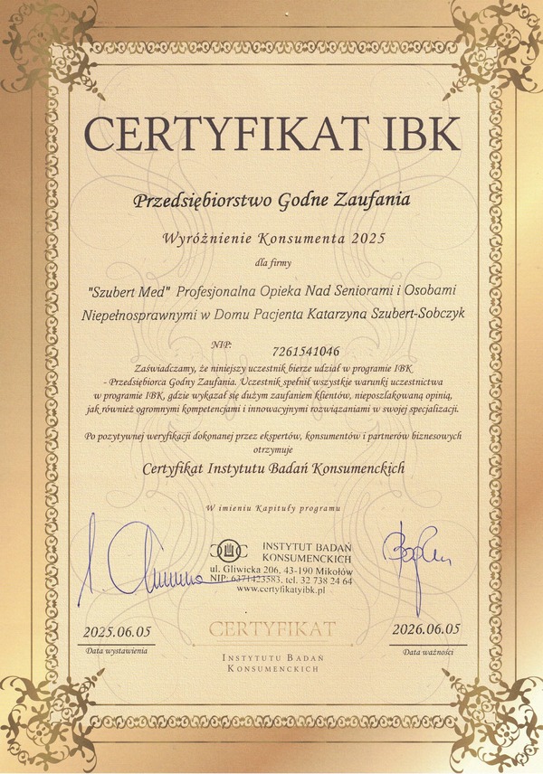 Certyfikat IBK - Dom opieki Łódź