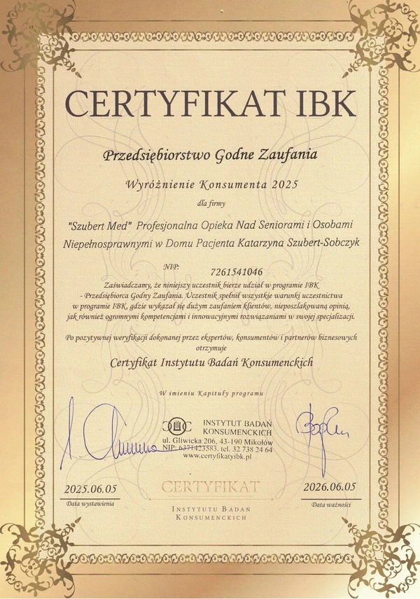 Certyfikat IBK - Dom opieki Łódź