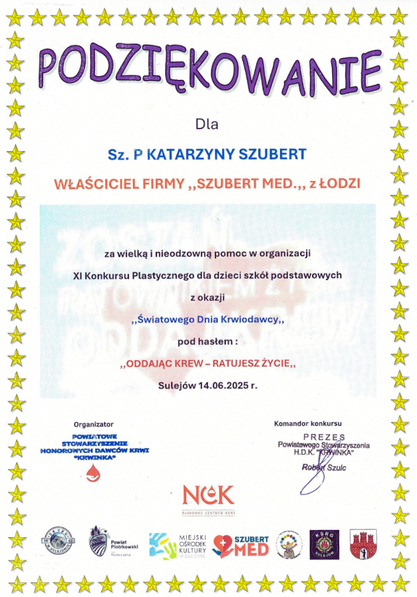Podziękowanie za wsparcie konkursu plastycznego dla dzieci - Dom opieki Łódź